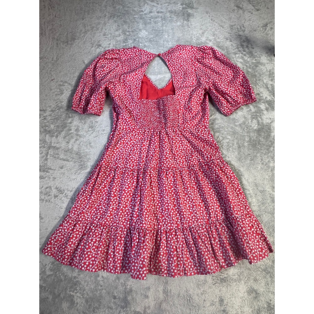 French Connection Red Floral Puff Sleeve Tiered Mini Dress Size 8 - Picture 4 of 9